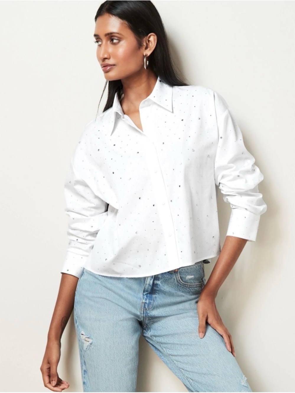 A New Day Cropped Rhinestone Button Down White Top - Size L - NWT